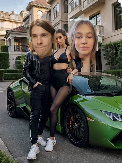 A man stands next to a very beautiful girl, girl in sexy sportswear, Luxury Living, in the background an expensive mansion and a green Lamborghini Huracan