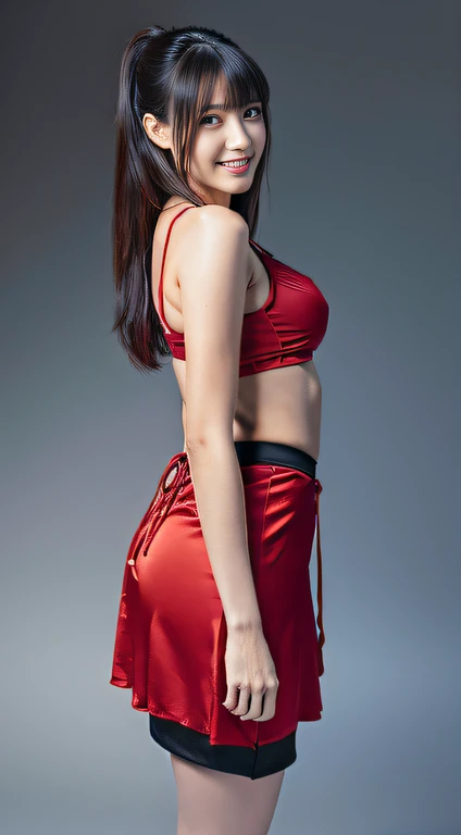 high-definition picture，Young woman 25 years old: 1.3, Long hair: 1.2, tall、Stand up and look at me，Smile and look at me,Full body painting,High-resolution image of the whole body，Red Sporty Bra，satin black tight skirt: 1.2, Daytime: 1.2, square: 1.2, Cine...