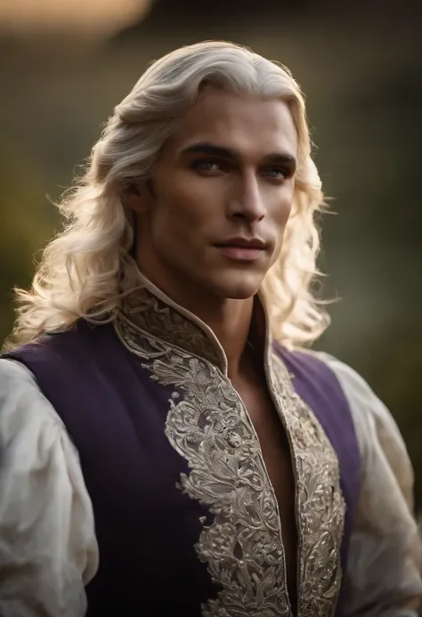 Aemond Targaryen leaning against a railing, looking out at the sunset over the Blackwater Bay,Dance of the Dragons,[Prince Aemond Targaryen; Appearance=medieval regal attire, expensive fabrics, impeccable taste, wears dark colours, casual attire only in pr...