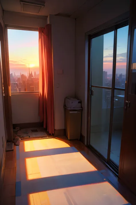 New york USA, POV into apartment, alone, no trafic, no cars, realistic sunset light,