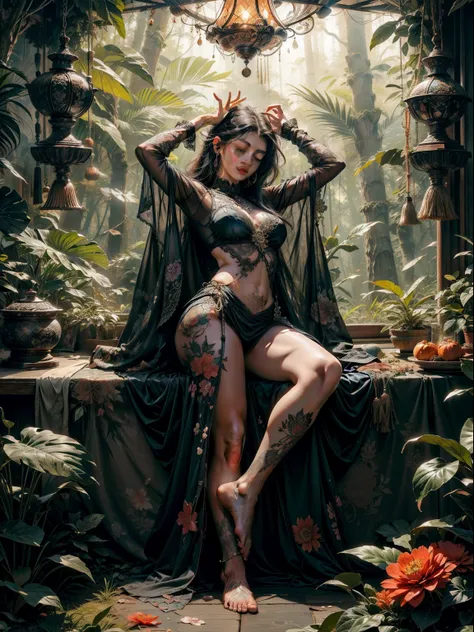 1sexy girl with forest clothes, flowers, leaves, mandalas, fractal,, Sleeping Beauty, by Bella🦋 full body, beautiful girl sleeping, room with mirror, girl sleeping on bed and sheets, old clock and lamp on table, full body, black hair, Transparent clothing,...