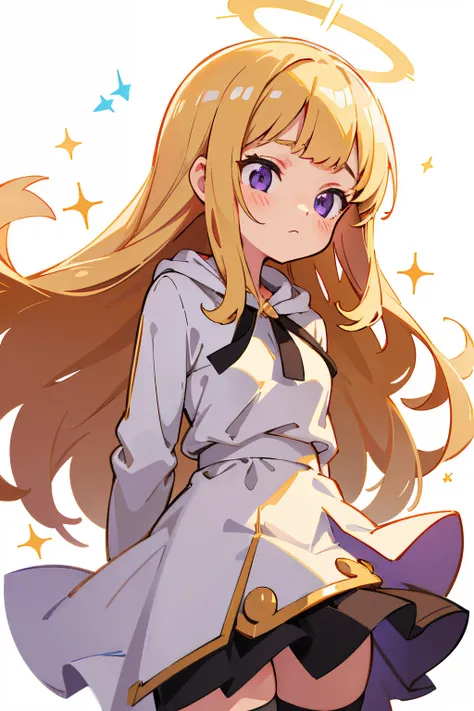 1girl, solo, character illustration, blonde hair, purple eyes, Cagliostro, long hair, wearing white big hoodie, black monocolor mini skirt, thighhighs, small breasts, neutral, closed mouth, face focus, arms behind back, upper body, looking away, cute girl,...