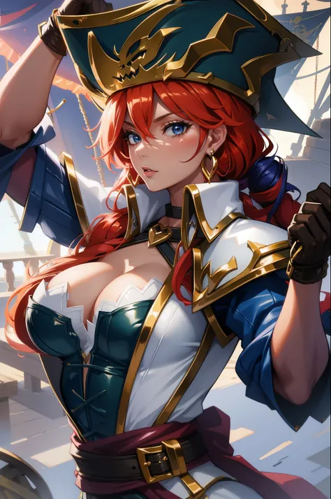 (tmasterpiece, Best quality at best:1.2), Complicated details, captain fortune, 1个Giant Breast Girl, Cleavage cutouts, Pirate hat, woven, Fluffy sleeves, gloves on the elbow, Chopping