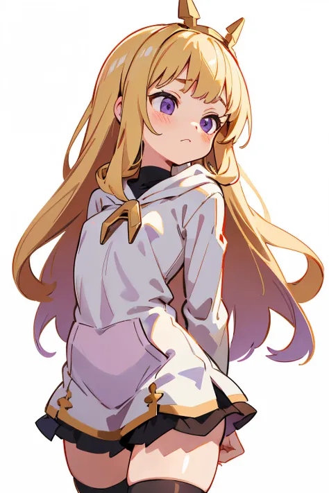 cute loli, blonde hair, purple eyes, Cagliostro, long hair, white hoodie, black monocolor mini skirt, thighhighs, small breasts, neutral, closed mouth, face focus, arms behind back, upper body, looking away, white background, transparent background, master...