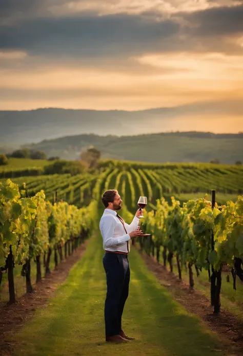 An elegant gentleman sampling a flight of fine wines at a sophisticated vineyard,original,Tall and slime man
, male