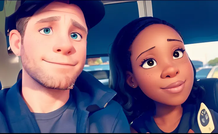 A white man and a black woman taking a snapchat picture