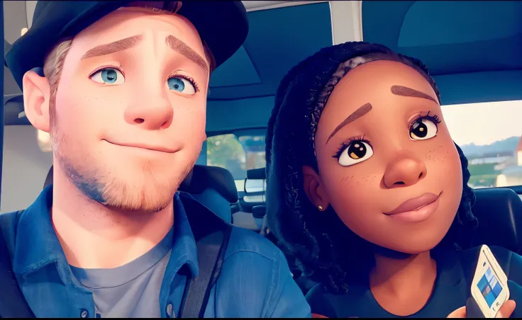 A white man and a black woman taking a snapchat picture