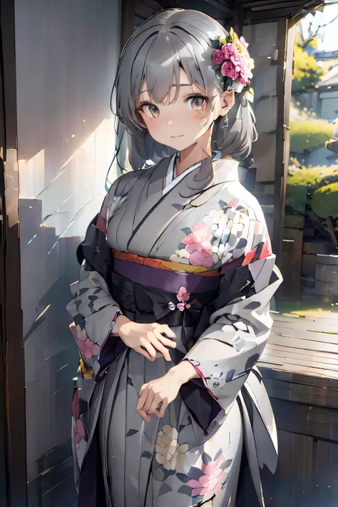 (((gray floral background:1.3)))、Best Quality, masutepiece, High resolution, (((1girl in))), sixteen years old,(((Eyes are gray:1.3)))、Gray kimono、((beautiful gray kimono)), Tindall Effect, Realistic, Shadow Studio,Ultramarine Lighting, dual-tone lighting,...