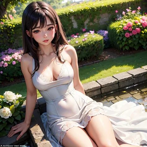 beautiful detailed lips, extremely detailed face, longey sunlight, floral garden, flowing white dress of thighs lenght, elegant pose, dreamy atmosphere, soft lighting, long dark brown hair, hidden eyes underneath the hair, extremely detailed body, extremel...