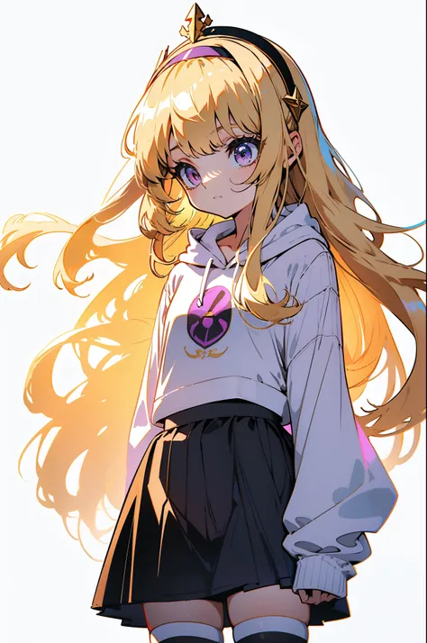 cute loli, blonde hair, purple eyes, Cagliostro, long hair, (wearing casual clothes, white hoodie, black skirt, mini skirt), thighhighs, (hairband), small breasts, neutral, closed mouth, face focus, arms behind back, upper body, looking away, white backgro...