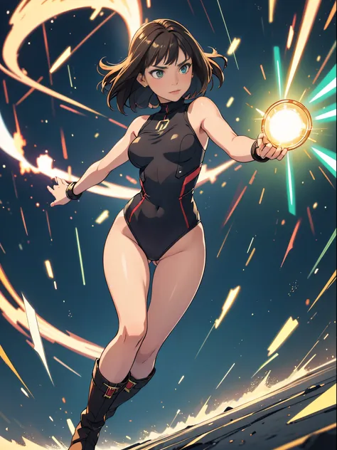 1girl, mature adult, dark-brown hair, leotard, boots, bracelets, green eyes, solo, single, bare legs, bob hair, short hair, solo, single, spread arms, standing, spinning like a tornado, bob hair, light particles, sparkling, super speed