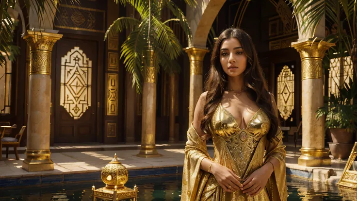 (best quality,4k,8k,highres,masterpiece:1.2),ultra-detailed,(phenomenal,striking:1.1) ancient Babylonian princess in Babylon,impeccably adorned with elegant jewelry and breathtaking attire,standing amidst the enchanting Hanging Gardens of Babylon,gazing wi...