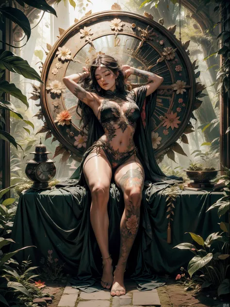 1sexy girl with forest clothes, flowers, leaves, mandalas, fractal,, Sleeping Beauty, by Bella🦋 full body, beautiful girl sleeping, room with mirror, girl sleeping on bed and sheets, old clock and lamp on table, full body, black hair, Transparent clothing,...