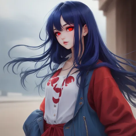 girl with, High quality, ((Dark blue hair)), ((Red Eye)),Longhaire,Straight hair