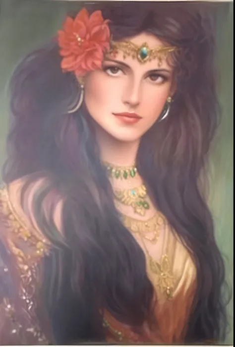 pintura de uma mulher com uma flor em seu cabelo, pintura de bonito, Retrato de Darna moderno, Princesa Libu antiga, Rainha persa, oil painting of princess vulvine, pintura realista da mulher espanhola, cigano, beleza tradicional, Retrato de uma bela deusa...