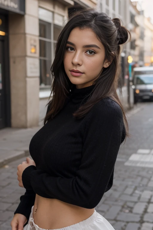 asutepiece、highest qualityr、high resolusion、Eleonora Pavinato, 23 years old, Younger headshot in room sweter z dużym dekoltem Beautiful bust girl Black hair Bun hair Beautiful firm breasts are comb big on the street