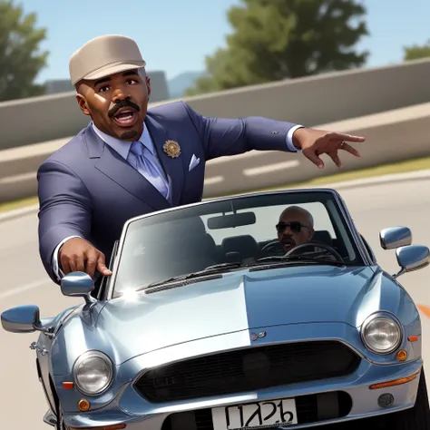 steve harvey yelling out of a convertible