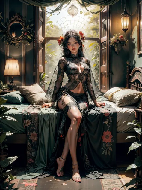 1sexy girl with forest clothes, flowers, leaves, mandalas, fractal,, Sleeping Beauty, by Bella🦋 full body, beautiful girl sleeping, room with mirror, girl sleeping on bed and sheets, old clock and lamp on table, full body, black hair, Transparent clothing,...