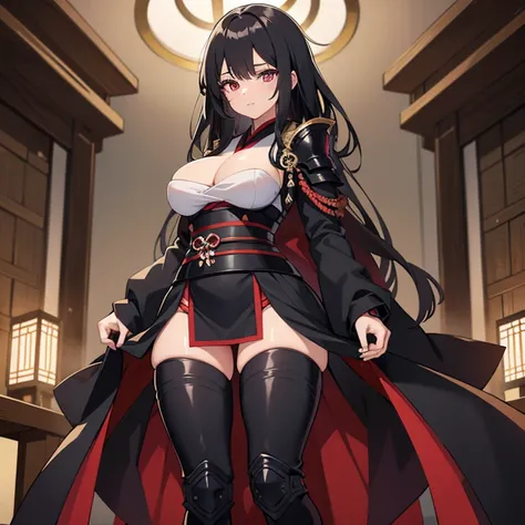 1girl, black japanese armor, black hair, maroon eyes, very large breasts, large thighs, standing, edo style house inside