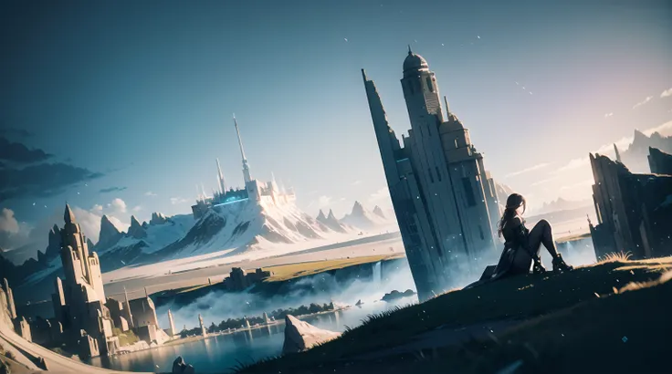 A stunningly detailed Hightech City within Mesmerizing Landscape, with a woman Sitting On The Edge Of A Clif Looking towards it, bathed in vibrant natural lighting. The scene is  Futuristic and atmospheric, with fantastical elements. The colors are vivid a...