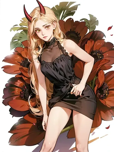 (best quality,ultra-detailed,portrait,studio lighting), Garota, pink skin, golden-pupiled eyes, long straight hair, blonde hair, two small red horns, short black dress, hand on waist, delicate features, soft smile, standing in a blooming garden, surrounded...