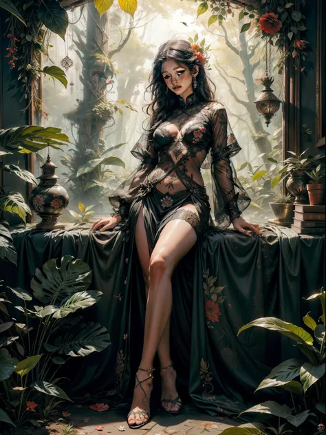 1sexy girl with forest clothes, flowers, leaves, mandalas, fractal,, Sleeping Beauty, by Bella🦋 full body, beautiful girl sleeping, room with mirror, girl sleeping on bed and sheets, old clock and lamp on table, full body, black hair, Transparent clothing,...