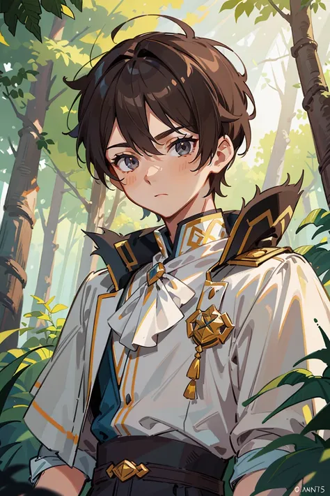 A young man with spiky short brown hair wearing a white cape with tan trim, stands confidently in front of a vividly colored forest. The detailed CG unity 8k wallpaper in the background displays an ultra-detailed and realistic portrait of the young man wit...