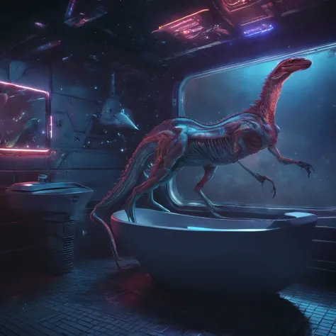 A cinematic scene of a dinosaur in a futuristic, aurora-lit world, sitting on a toilet that is floating in outer space. The cosmic background is filled with stars and galaxies, adding to the surreal and dramatic atmosphere. The dinosaur is shown in a reali...