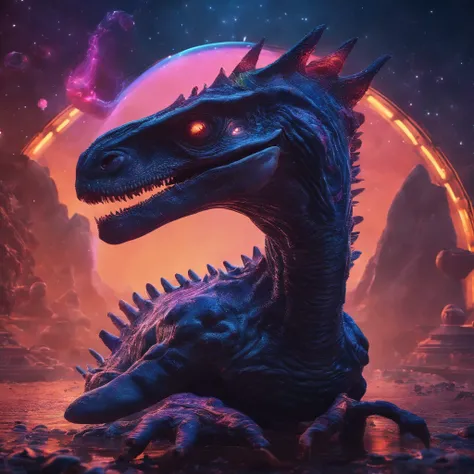 A cinematic scene of a dinosaur in a futuristic, aurora-lit world, sitting on a toilet that is floating in outer space. The cosmic background is filled with stars and galaxies, adding to the surreal and dramatic atmosphere. The dinosaur is shown in a reali...