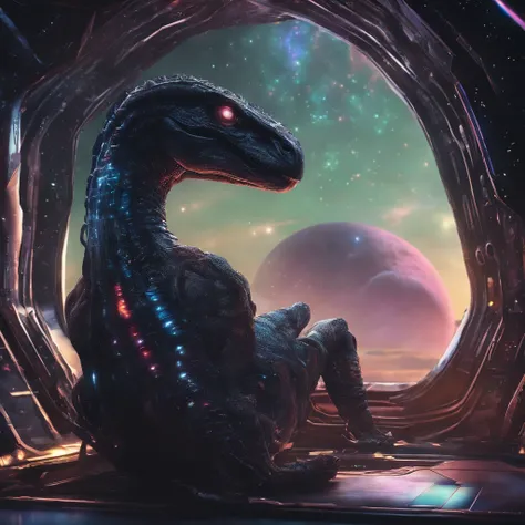 A cinematic scene of a dinosaur in a futuristic, aurora-lit world, sitting on a toilet that is floating in outer space. The cosmic background is filled with stars and galaxies, adding to the surreal and dramatic atmosphere. The dinosaur is shown in a reali...