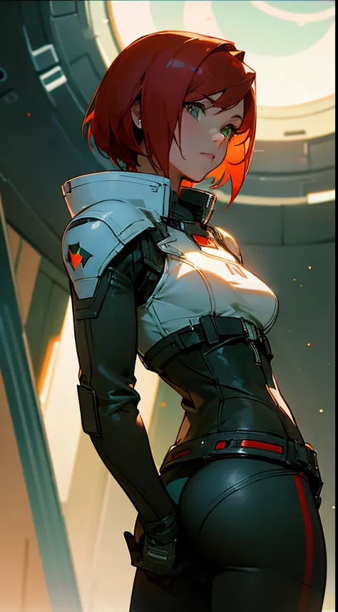 ((Best quality)), inside spacestation, looking out into space, Female shepard from mass effect series, short red hair, pale green eyes, muscular build, white tank top, leather jacket, open jacket, breast, ass, cleavage, looking away from viewer, staring ou...