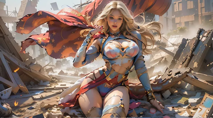 (((Lying in completely destroyed ruins)))、Beautiful American woman long blonde hair, 23 years old, Hourglass body,Huge breasts, Defined body, Wearing lace lingerie:1.6 (((Bra, thong panties and 7/8 Supergirl cosplay sock)) , realist,((Superwoman Costume)) ...