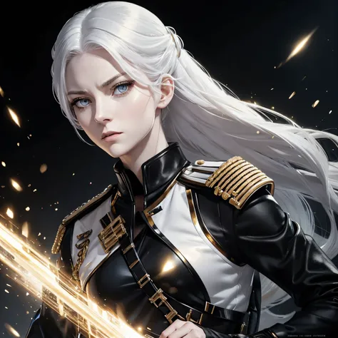 detailed woman,pale skin, white hair that is shoulder length ,gold colored eyes, long eyelashes, serious determined facial expression, wearing a black military style uniform with black fingerless gloves, body faces the opposite way head does, slight anime ...