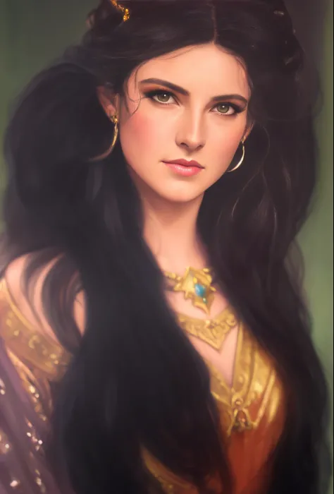 pintura de uma mulher com longos cabelos negros e um vestido dourado, Luthien, Retrato de uma bela deusa, master part! Retrato de Arwen, Pintura do retrato de uma princesa, Retrato de Darna moderno, Retrato da Deusa, No estilo de arte de Bowater, Retrato d...