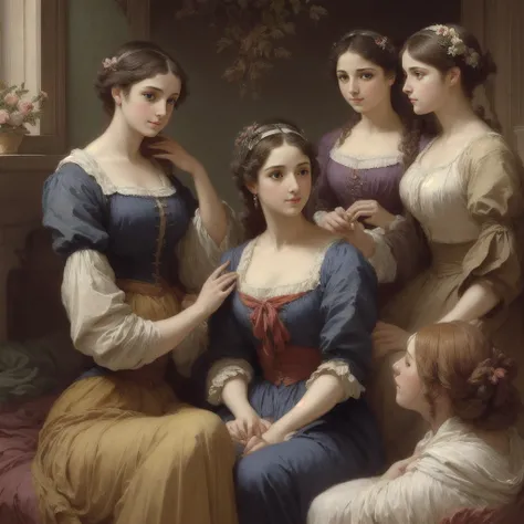 there are three women in dresses sitting together on a bed, a fine art painting inspired by Pierre Auguste Cot, trending on cg society, romanticism, art of edouard bisson, triad of muses, baroque digital painting, pudica gesture bouguereau style, symbolist...