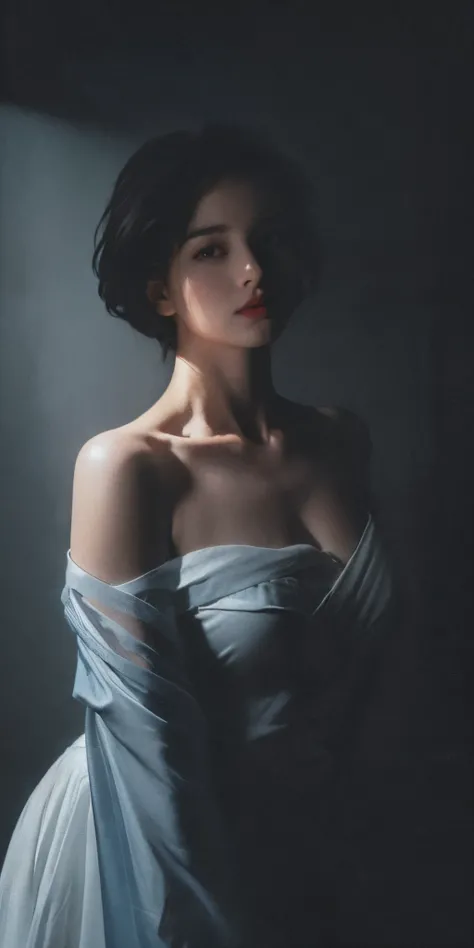 Best quality, masterpiece, ultra high res, (photorealistic:1.5), raw photo, 1girl, offshoulder, in the dark, deep shadow, low key, cold light, sexy look, short hair