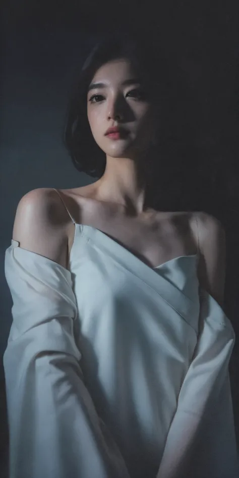 Best quality, masterpiece, ultra high res, (photorealistic:1.5), raw photo, 1girl, offshoulder, in the dark, deep shadow, low key, cold light, sexy look, short hair