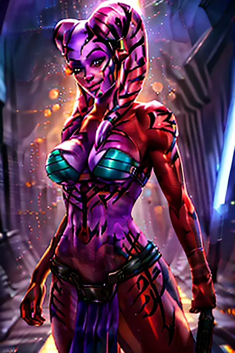 purple skin:1.3, twilek, facial markings, standing, dynamic pose, medium breasts, detailed face and eyes, upper body, detailed background, highly detailed, best quality, high resolution, 4k, cinematic lighting, seductive smile, red revealing bikini, sarong...