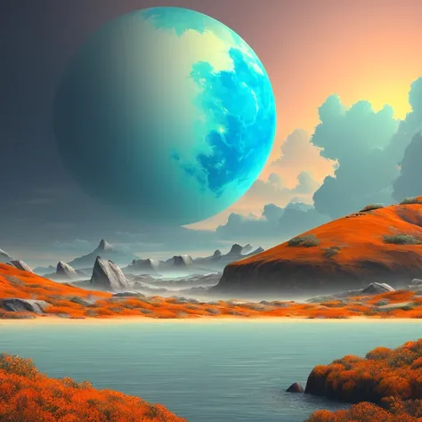 utopian worlds, pastel tones, brown, blue, grey, orange,