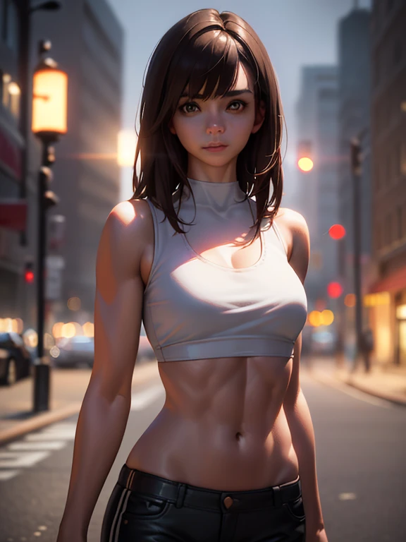 ((Realistic Lighting, Best Quality, 8K, Masterpiece: 1.3)), Clear Focus: 1.2, 1girl, Perfect Figure: 1.4, Slim Abs: 1.1, (Dark Brown Hair)), (White Crop Top: 1.4), (Outdoor, Night: 1.1), City Streets, Super Beautiful Face, Beautiful Eyes, Double Eyelids, B...