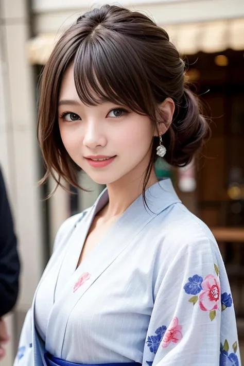 the cutest girl who works as a gravure idol、with shiny brown hair、captivating with taisho pattern kimono。she smiled confidently....