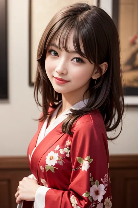 The cutest girl who works as a gravure idol、with shiny brown hair、She is captivating with her red floral kimono.。She smiled confidently.、Facing the camera in a professional pose。her fashion and expressions、A perfect balance between cuteness and elegance、It...