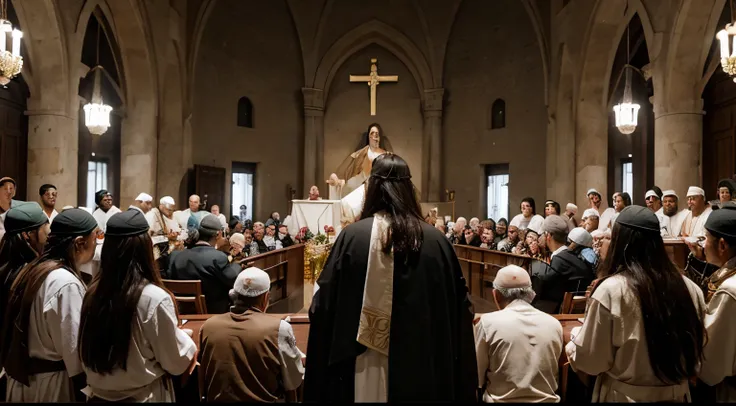 A representation of Jesus surrounded by figures representative of the elders, principais sacerdotes e escribas, sugerindo o sofrimento e os desafios que ele enfrentaria.