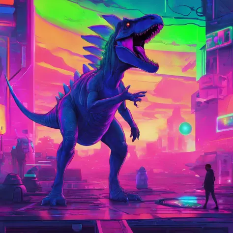 cinematic scene of a dinosaur roaming through an aurora-filled sky, with a futuristic cosmic toilet in the background. The dinosaur is lit up by the colorful lights of the aurora, creating a dramatic and otherworldly atmosphere. The toilet is intricately d...