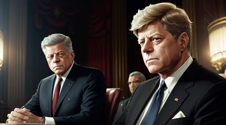 JFK homem, presidente dos EUA, looking serious, (YOUR MANGA STYLE), Cinematic lighting, por elmore, Greg Rutkowski, Artgerm, Alphonse Mucha