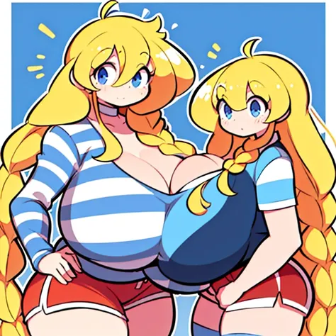 cassie, theycallhimcake, blonde hair, very long hair, braid, bow, striped shirt, red shorts, gigantic breasts, blue shirt, :d