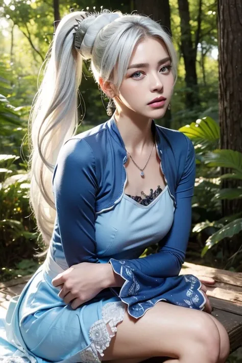 (masterpiece, best quality:1.2), cowboy shot, solo, 1girl, expressionless, closed mouth, looking at viewer, crossed arms, white hair, side ponytail, blue dress, white boots, scar on left eye,
 jewelry, necklace, earrings, forest, summer afternoon