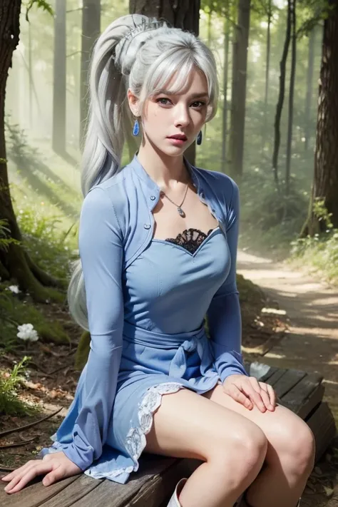 (masterpiece, best quality:1.2), cowboy shot, solo, 1girl, expressionless, closed mouth, looking at viewer, crossed arms, white hair, side ponytail, blue dress, white boots, scar on left eye,
 jewelry, necklace, earrings, forest, summer afternoon