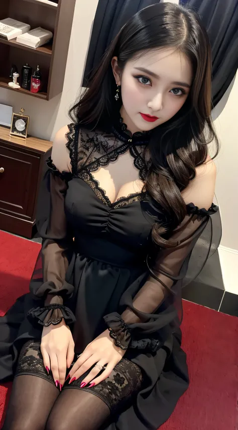 Ultra-detailed、Fascinating beauty、Dainty woman、Cool Girl、Wavy Hair、Black chiffon dress、Wide sleeves、flered skirt、Evil Female Executive、Evil Fall、brainwash、pantyhose、lacy fabric、Glossy legs、lipsticks、Evil look、Suspicious look、Hollow eyes、wicked、Reaching out...