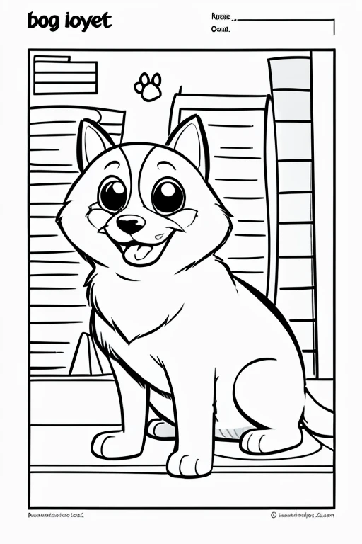 stress free coloring book, page of a dog, cartoon style, thick lines, no color, completely whity